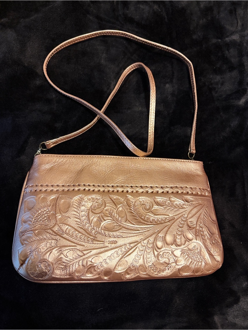Embroidered Metallic Crossbody Bag in Rose Gold